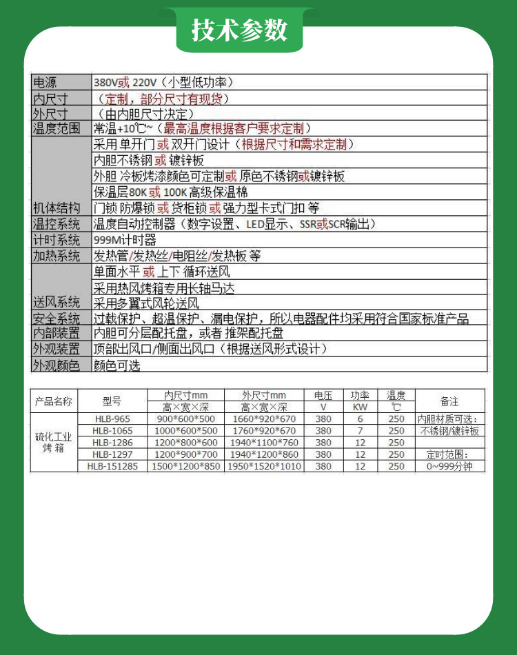 LED熱風烤箱技術參數